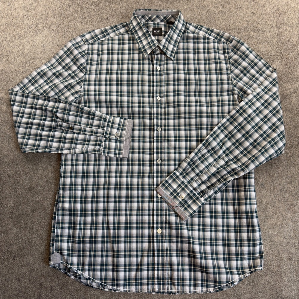 Hugo Boss Mens Regular Fit Plaid Button Down Shirt Green White 100% Cotton L